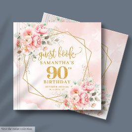 Stylish Pale Pink Gold Glitter Floral 90 Birthday ゲストブック