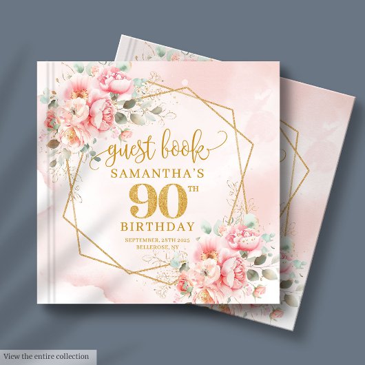 Stylish Pale Pink Gold Glitter Floral 90 Birthday ゲストブック