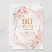 Stylish Pale Pink Gold Glitter Floral 90th Invite 招待状 (正面)
