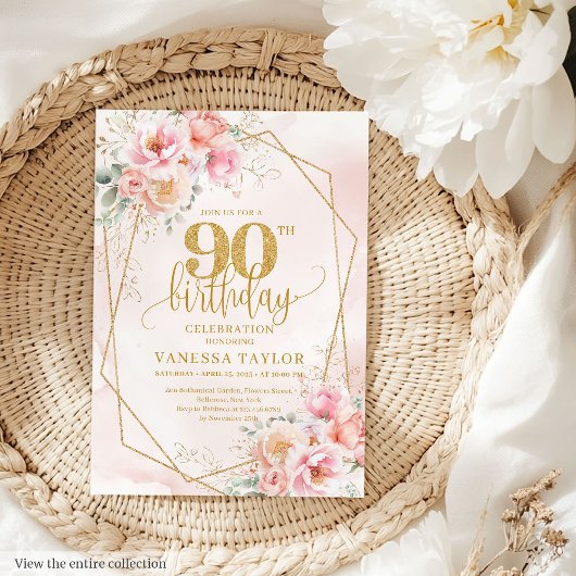 Stylish Pale Pink Gold Glitter Floral 90th Invite 招待状
