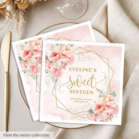 Stylish Pale Pink Sage and Gold Floral Sweet 16 スタンダードランチョンナプキン