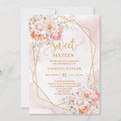 Stylish Pale Pink Sage Gold Floral Sweet 16 Invite 招待状 (正面)