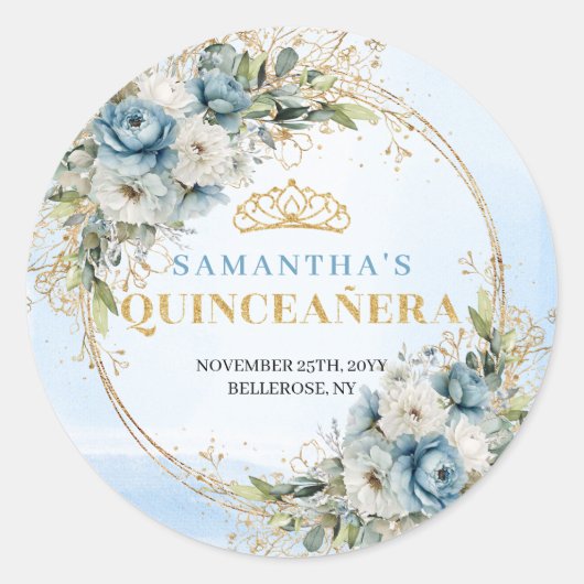 Stylish Pastel Blue Gold Eucalyptus Quinceañera   ラウンドシール (正面)