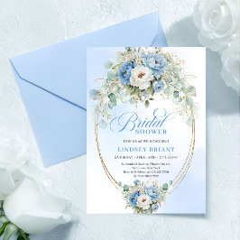 Stylish Pastel Blue Peony Gold Bridal Shower Card 招待状
