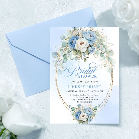 Stylish Pastel Blue Peony Gold Bridal Shower Card 招待状