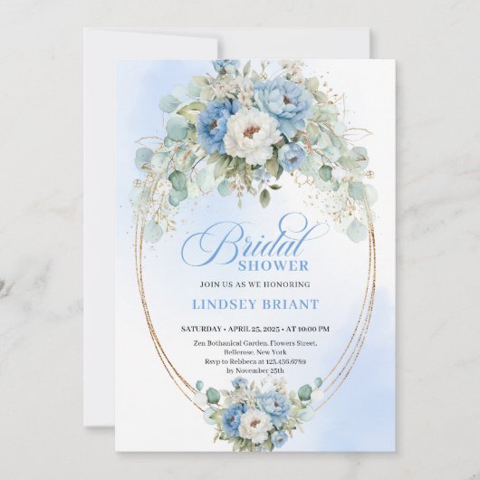 Stylish Pastel Blue Peony Gold Bridal Shower Card 招待状 (正面)
