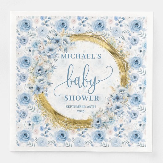 Stylish pastel blue roses gold boy baby shower (正面)