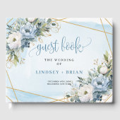 Stylish Pastel Blue White Gold Peonies Guest Book ゲストブック (正面)