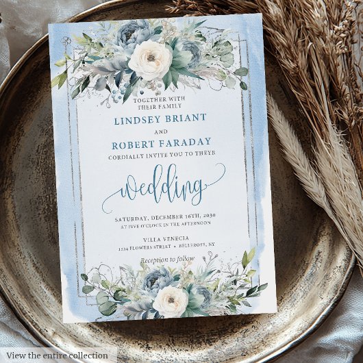 Stylish Pastel Blue White Silver Flowers Wedding  招待状