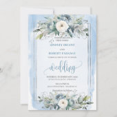 Stylish Pastel Blue White Silver Flowers Wedding  招待状 (正面)