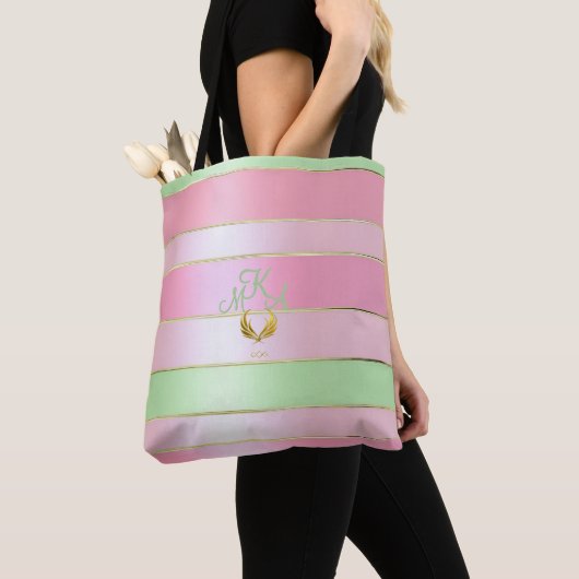 Stylish Pastel Pink and Green Monogrammed トートバッグ (クローズアップ)