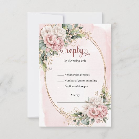 Stylish Pastel Pink Rose Gold Wedding RSVP Card (正面)