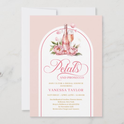 Stylish petals and prosecco blush and gold invite 招待状 (正面)