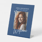 Stylish Photo Blue Bow Graduation Party Welcome 台座サイン (正面)