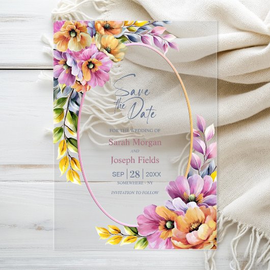 Stylish Pink and Orange Floral Save The Date アクリル招待状