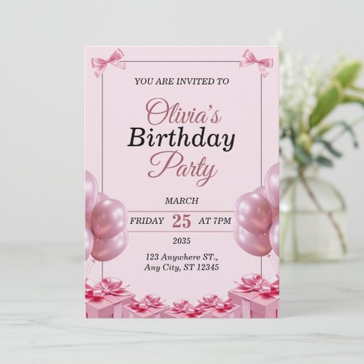 Stylish pink Birthday Invitation Card 招待状 (スタンド正面)
