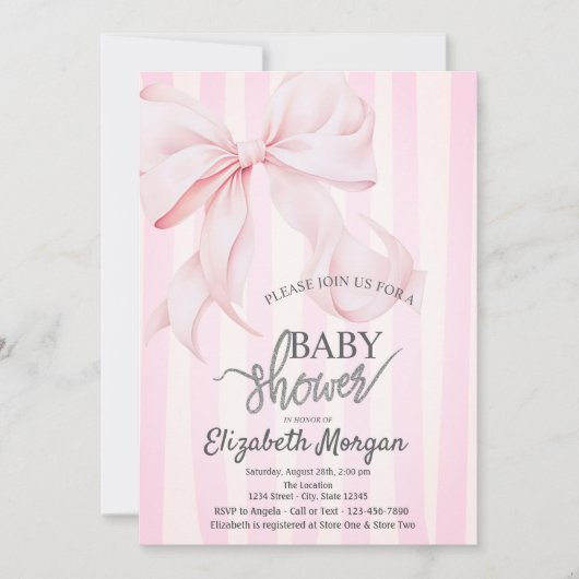 Stylish Pink Bow Pink Striped Baby Shower 招待状 (正面)