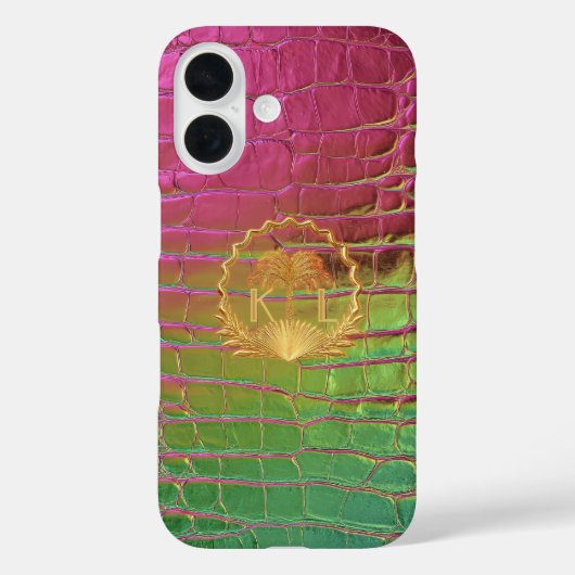 Stylish Pink Green Iridescent Croc Monogram  Case-Mate iPhoneケース (裏面)