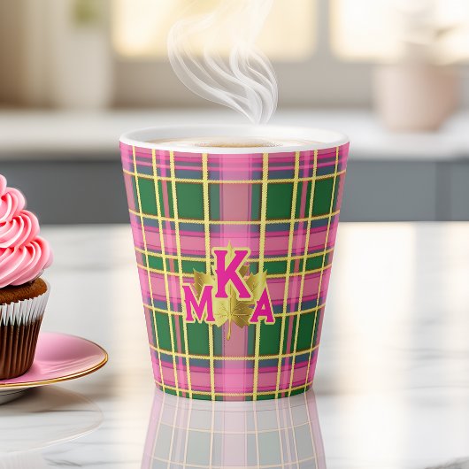 Stylish Pink & Green Plaid Monogrammed カフェラテマグ