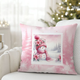 Stylish Pink Snowman Winter Scene Kids Gift Pillow クッション