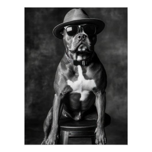 Stylish Pitbull with Hat and Sunglasses ポスター (正面)