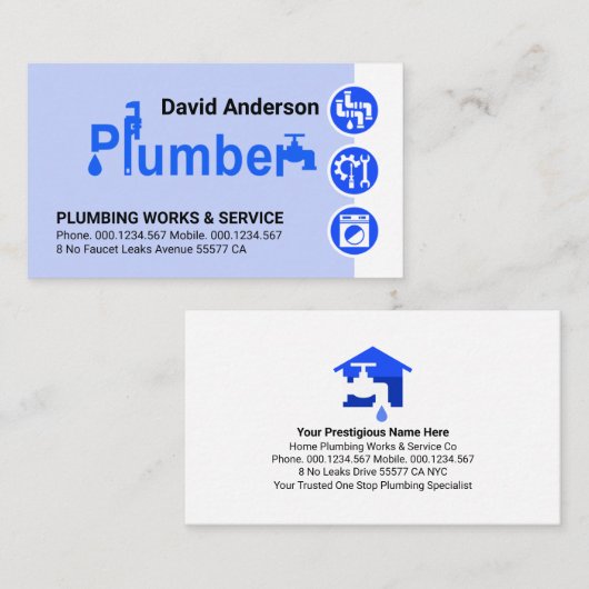 Stylish Plumber Signage Blue Plumbing Icons 名刺 (正面/裏面)