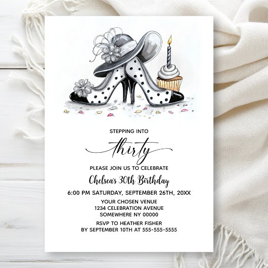 Stylish Polka Dot High Heel Shoes 30th Birthday 招待状