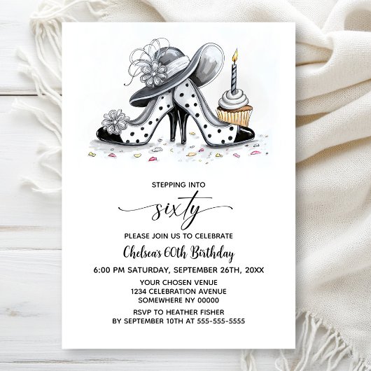 Stylish Polka Dot High Heel Shoes 60th Birthday 招待状
