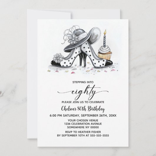 Stylish Polka Dot High Heel Shoes 80th Birthday 招待状 (正面)