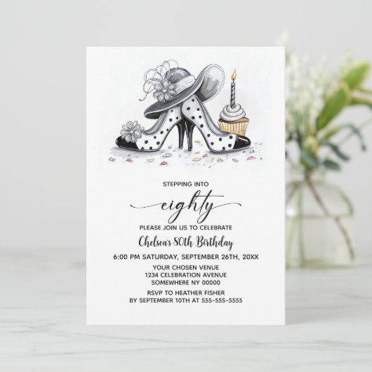 Stylish Polka Dot High Heel Shoes 80th Birthday 招待状 (スタンド正面)