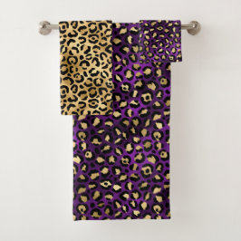 Stylish Purple and Gold Foil Leopard Spots バスタオルセット