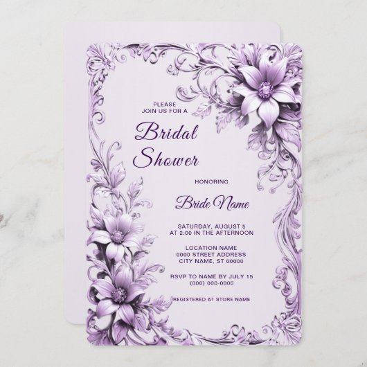 Stylish Purple Flowers Bridal Shower Invitation 招待状 (正面/裏面)