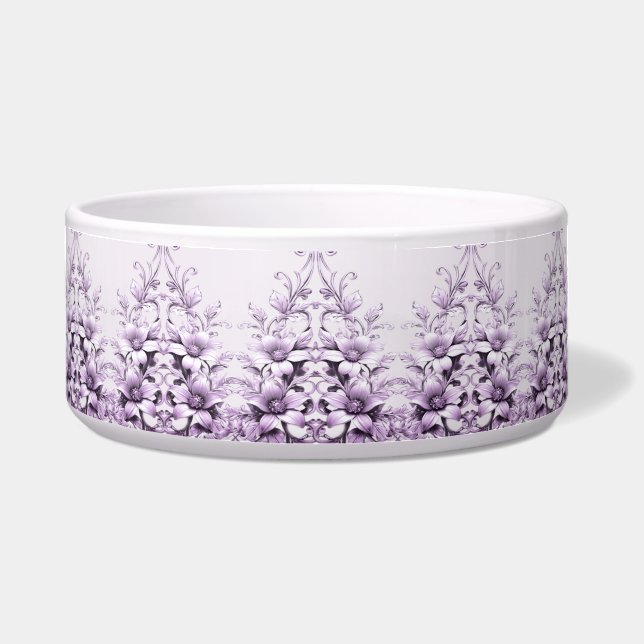Stylish Purple Flowers Ceramic Pet Bowl ボウル (正面)