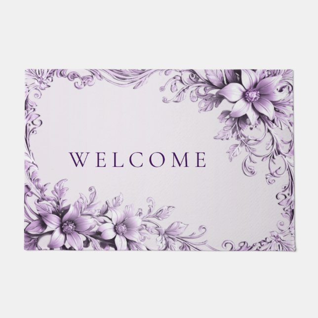 Stylish Purple Flowers Doormat ドアマット (正面)