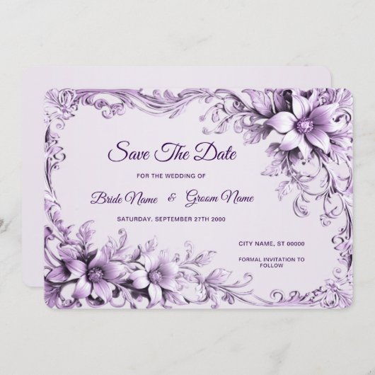 Stylish Purple Flowers Save The Date セーブザデート (正面/裏面)