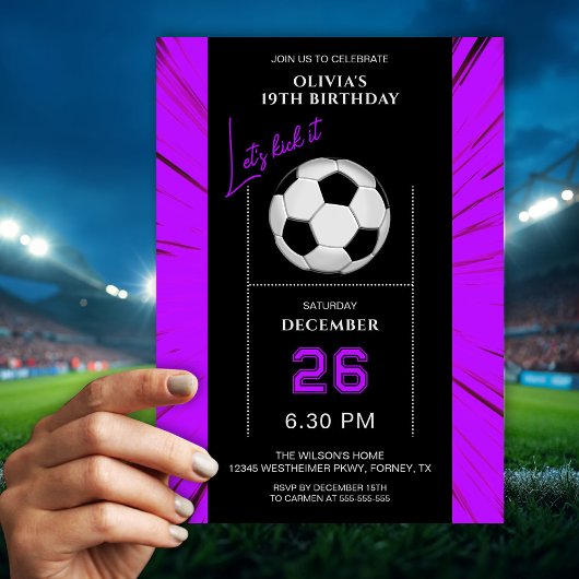 Stylish Purple Soccer Birthday Invitation 招待状