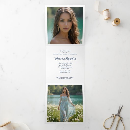 Stylish Quinceañera Tiara Pastel Tones & Glitter 三つ折り案内状 (内部)