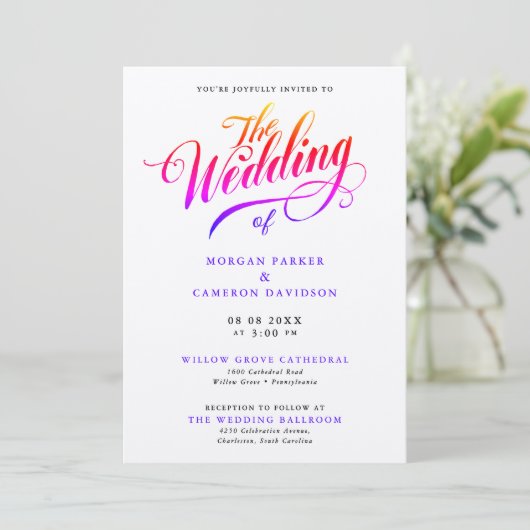 Stylish Rainbow Color Wedding Calligraphy Script 招待状 (スタンド正面)