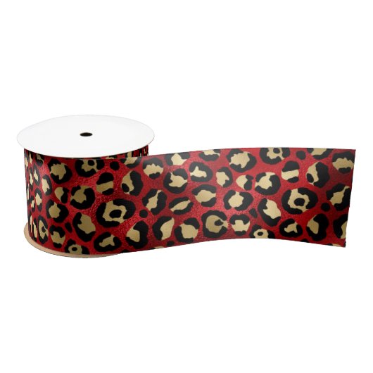 Stylish Red and Gold Foil Leopard Spots サテンリボン (リール)