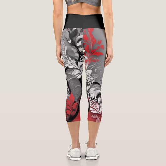 Stylish Red Black and Grey Leaf Design  カプリレギンス (裏面)