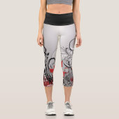 Stylish Red Black and Grey Leaf Design  カプリレギンス (正面)