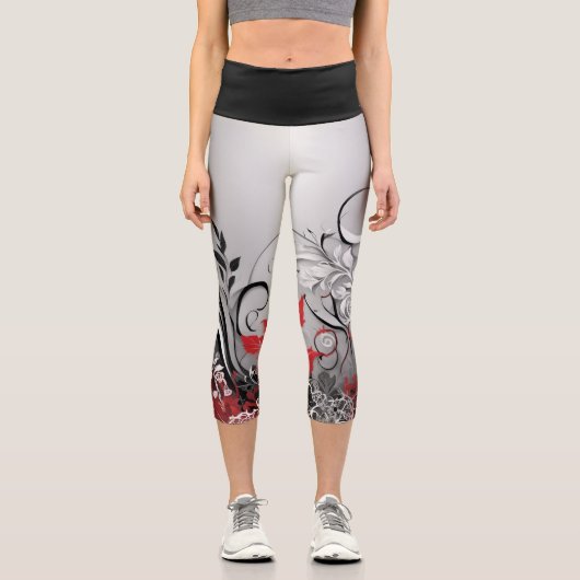 Stylish Red Black and Grey Leaf Design  カプリレギンス (正面)