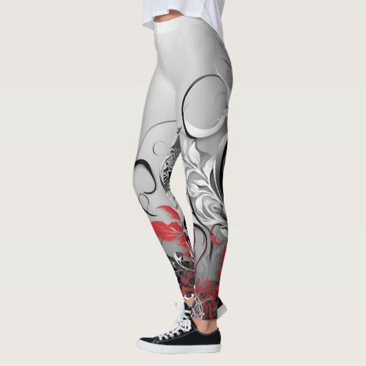 Stylish Red Black and Grey Leaf Design Leggings レギンス (左)