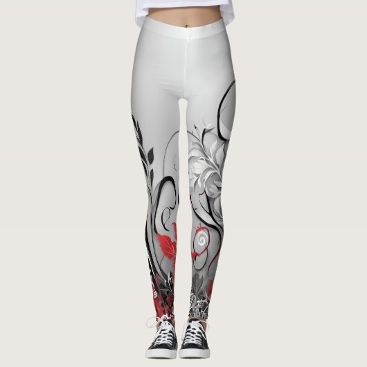 Stylish Red Black and Grey Leaf Design Leggings レギンス (正面)