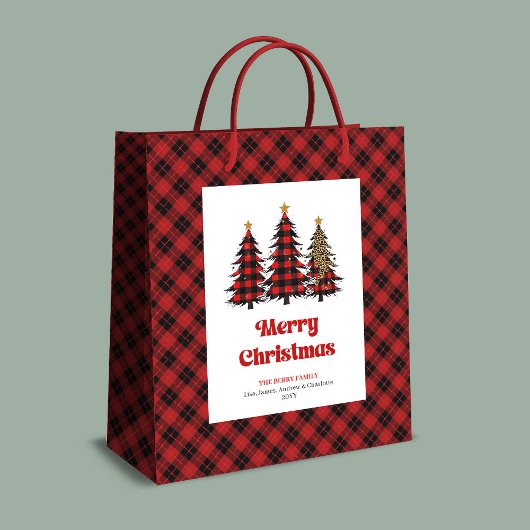Stylish red black tartan Christmas bag personalize ミディアムペーパーバッグ