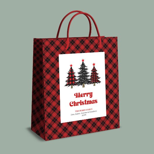 Stylish red black tartan Christmas gift bag name ミディアムペーパーバッグ