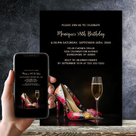 Stylish Red Floral Stiletto Shoes Birthday Party 招待状