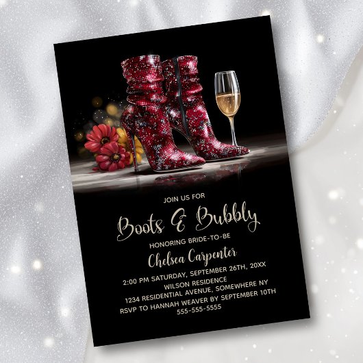 Stylish Red Sequin Boots and Bubbly Bridal Shower 招待状