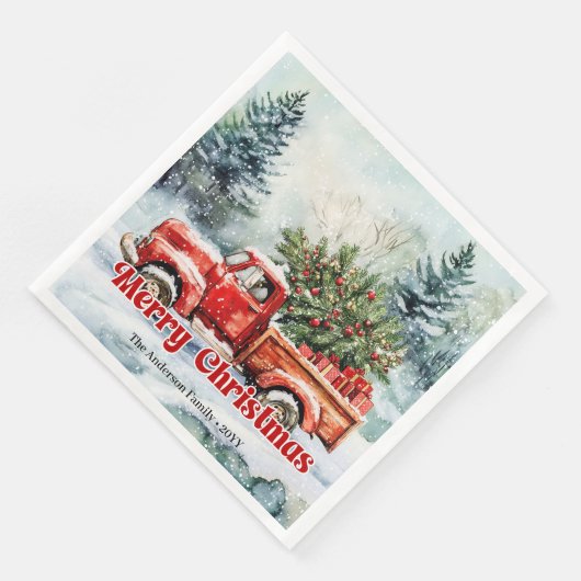 Stylish red truck winter scene rustic napkins set (コーナー)
