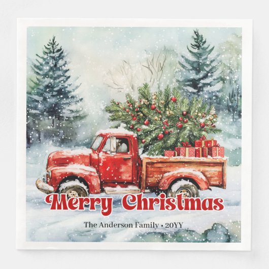 Stylish red truck winter scene rustic napkins set (正面)